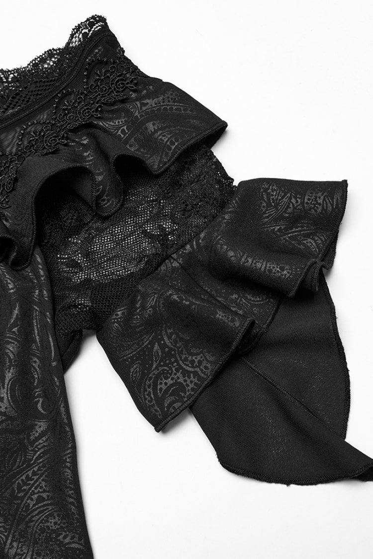 Black Off Shoulder Ruffle Sheer Women's Gothic High/low Prom Dress