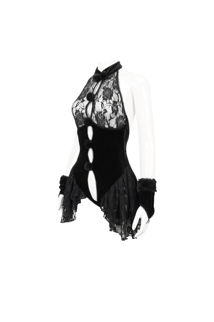Black Sexy Crotchless Stretch Velvet Paneled Lace Pompoms Women's Punk Bodysuit