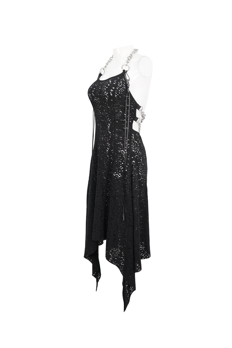 Black Irregular Pattern Wool Metal Chain Halter Neck Backless Women's Punk Dress