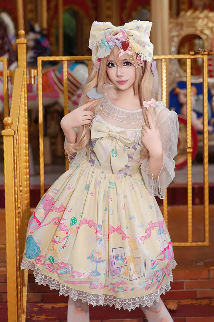 [Macaron Dolly House] Robe Jsk Lolita douce sans manches avec imprimé, nœud et lacets 3 couleurs 
