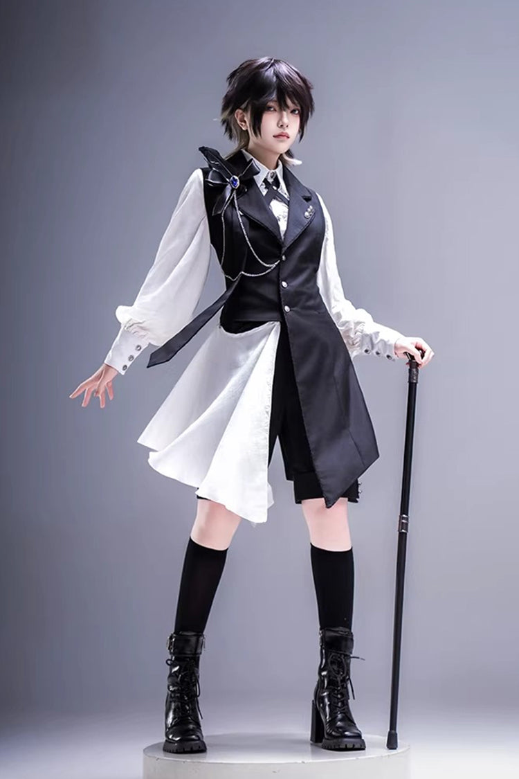 黒/白【紅茶協奏曲】リボンアシンメトリー王子ファッションゴシック王子ロリータベストトップショーツセット