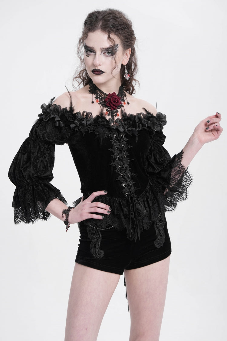 Black Off Shoulder Long Sleeves Ruffle Embroidery Lace-Up Women's Gothic Blouse