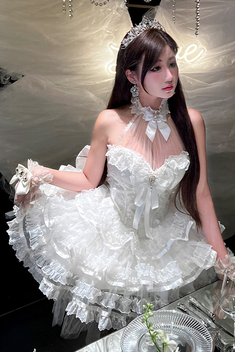Robe Jsk Lolita Princesse Douce en Dentelle avec Nœud Papillon Hanayome à Volants et Col Halterneck Blanc [Love God Bride] 