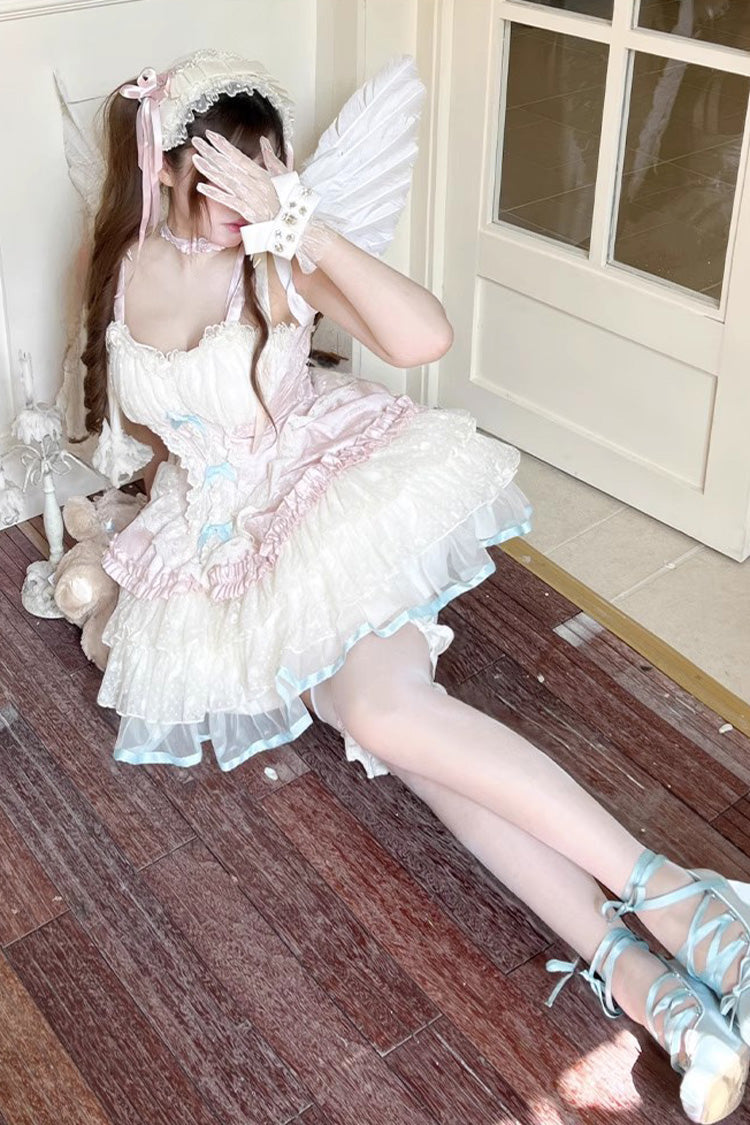 Pink/Beige [Sweet Dream Peach] Sleeveless Multi-Layered Ruffle Bowknot Lace Sweet Ballet Lolita Jsk Dress