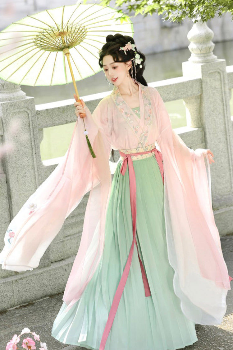 Ensemble de robe Hanfu brodée taille haute pour femmes, rose/vert [abricots de printemps]