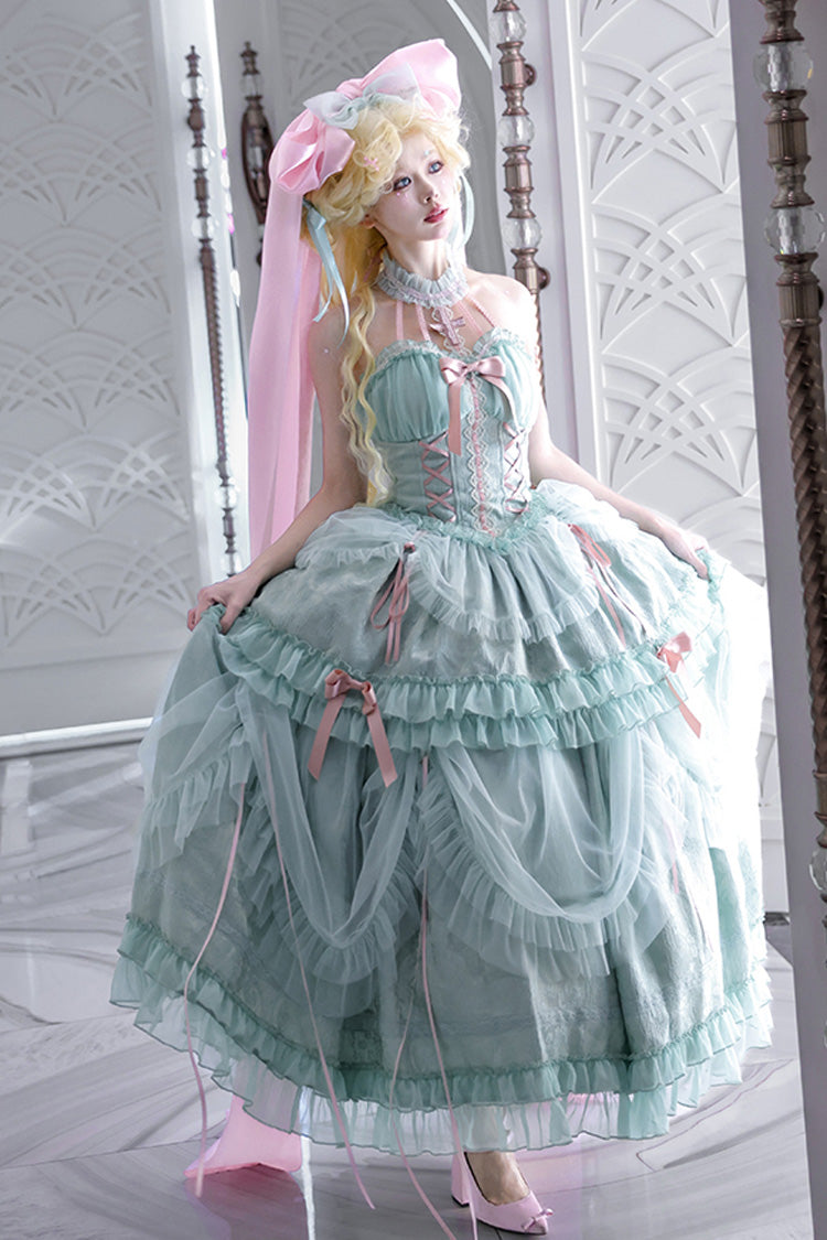 Green Cross Halterneck Ruffle Bowknot Lace Lace-Up Princess Sweet Lolita Dress