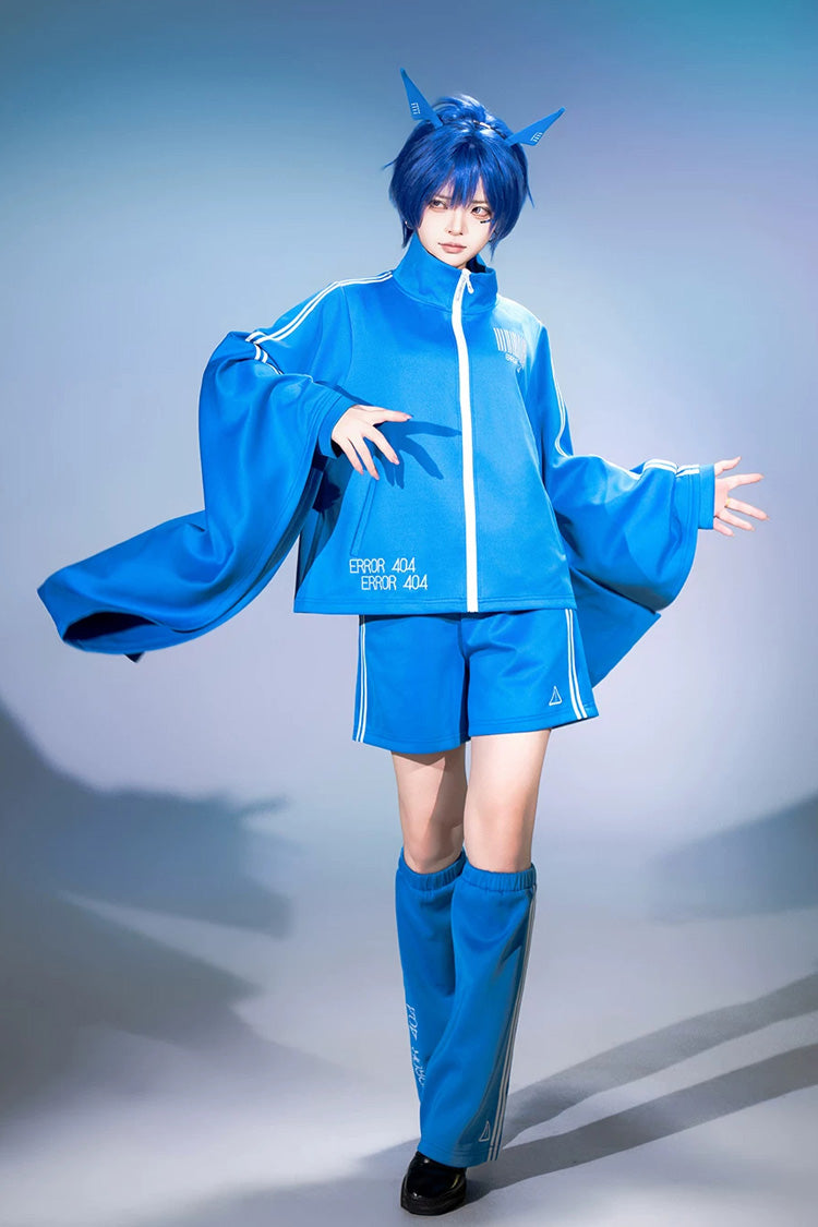 Blauer [Netzwerkfehler] Stehkragen Lang Trompetenärmel Ouji Gothic Funktionaler Stil Japanischer Prinz Lolita Mantel-Shorts-Set