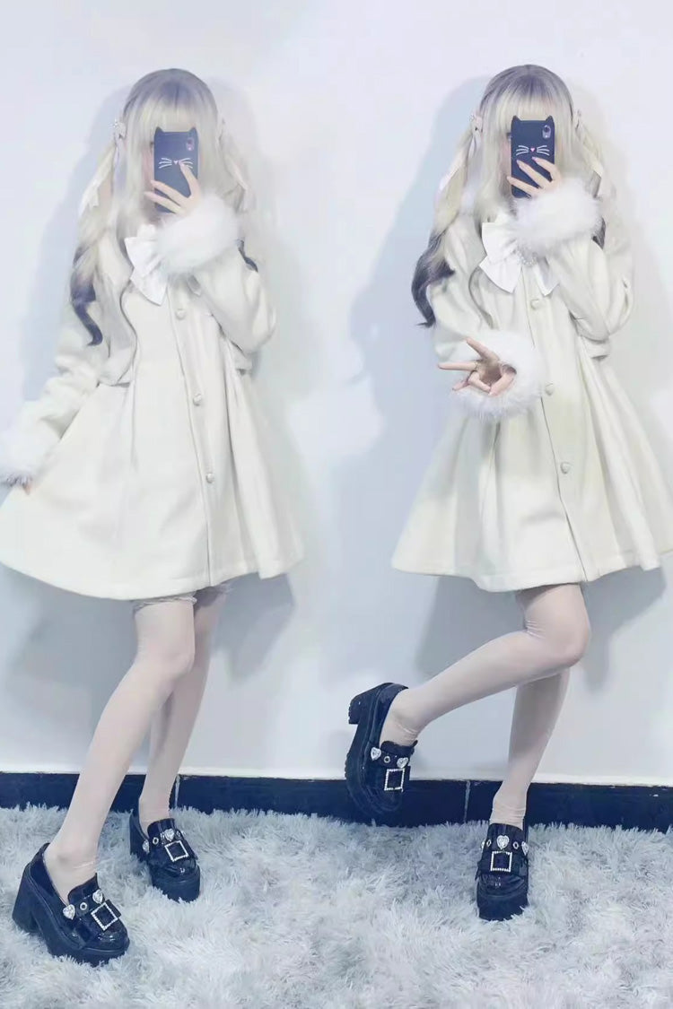 Plush Lop Rabbit Long Sleeves Hooded Detachable Sweet Jirai Kei Lolita Coat 2 Colors