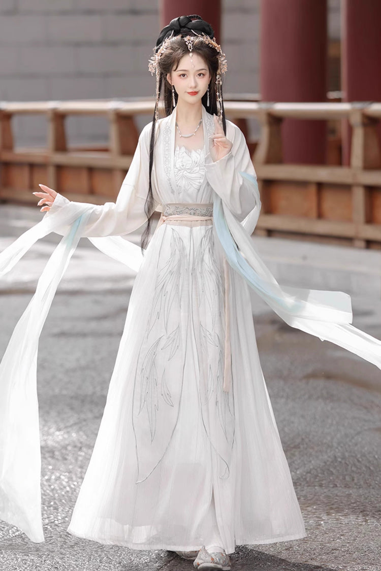 White Long Sleeves High Waisted Jacquard Print Embroidery Women's Sweet Hanfu Dress Full Set