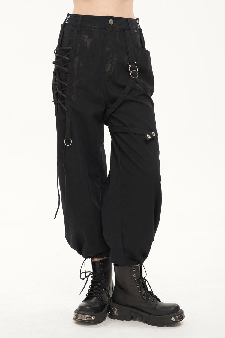 Black Irregular Print Single Side Frenulum Ring Legs Drawstring Closing Women's Punk Pants