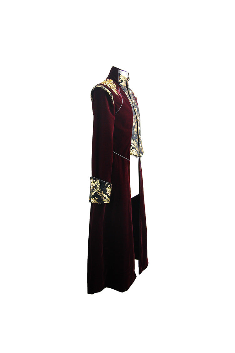 Black/Red Jacquard Gold Faded Buttons Fleece Long Men's Gothic Coat