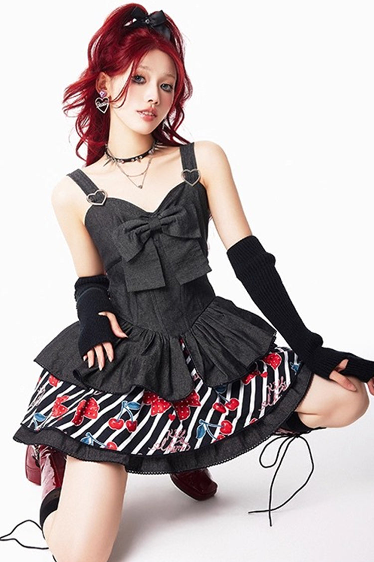 Black [Cherry] Sleeveless Triple-Layered Print Ruffle Bowknot Denim Sweet Japanese Vintage Lolita Jsk Dress