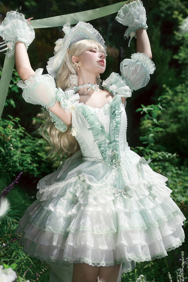 Green [Tulip and Wind Chime] Multi-Layered Ruffle Bowknot Lace Sweet Gorgeous Lolita Jsk Dress