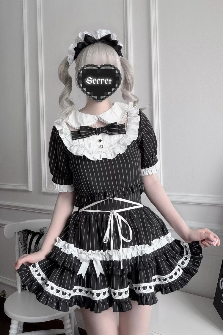 Schwarzer [Sternentüll] Puppenkragen mit kurzen Ärmeln, doppellagig, gestreift, bedruckt, Rüschenschleife, Gothic-Jirai-Kei-japanischer Rock-Set