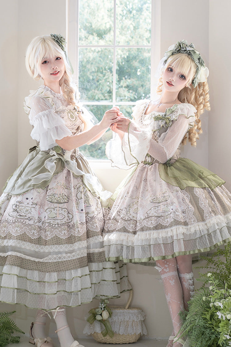 Green [Teacup Rabbit] Multi-Layered Print Ruffle Embroidery Bowknot Lace Asymmetric Sweet Elegant Lolita Jsk Dress