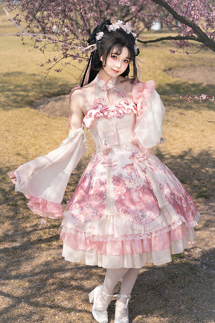 Pink [Flower Feast] Multi-Layered Print Ruffle Bowknot Sweet Chinese Style Lolita Jsk Dress