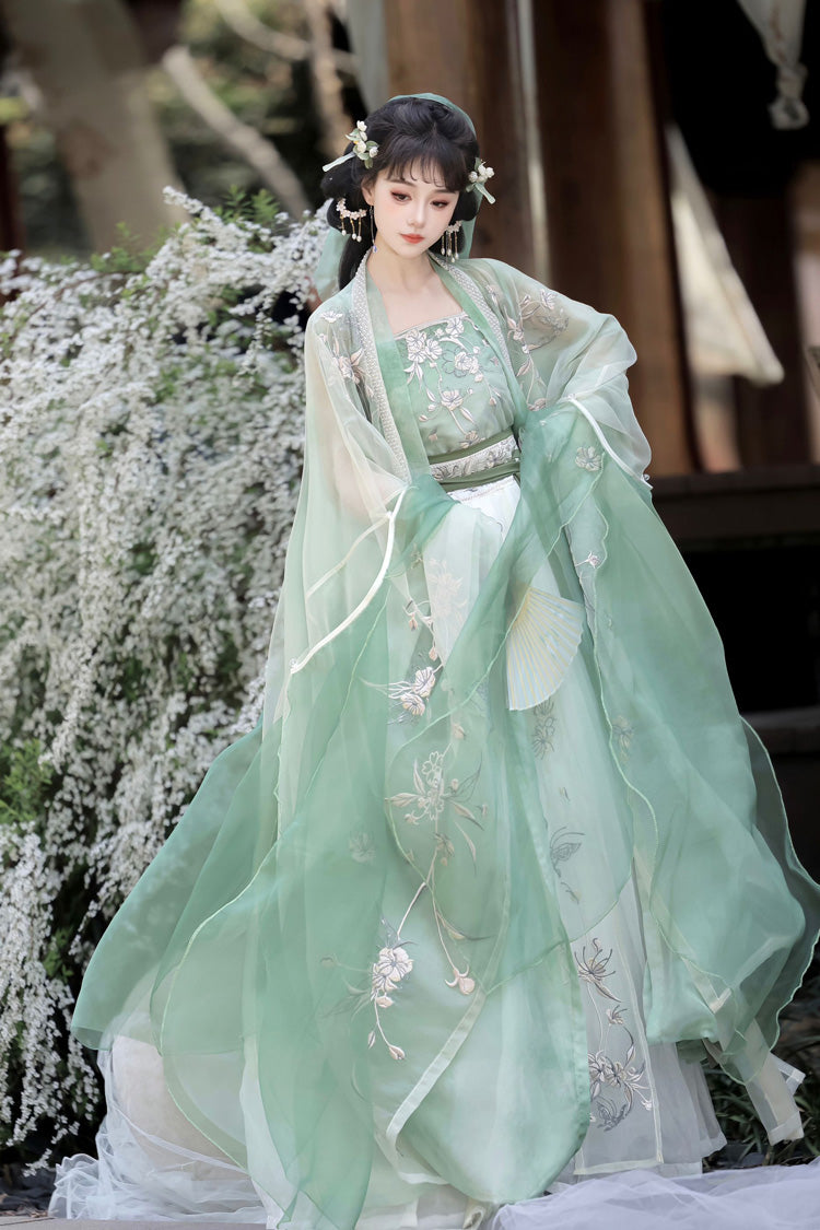 グリーン [Qingdie] 宋朝 フリル刺繍 スイート中国風 漢服ドレス フルセット 