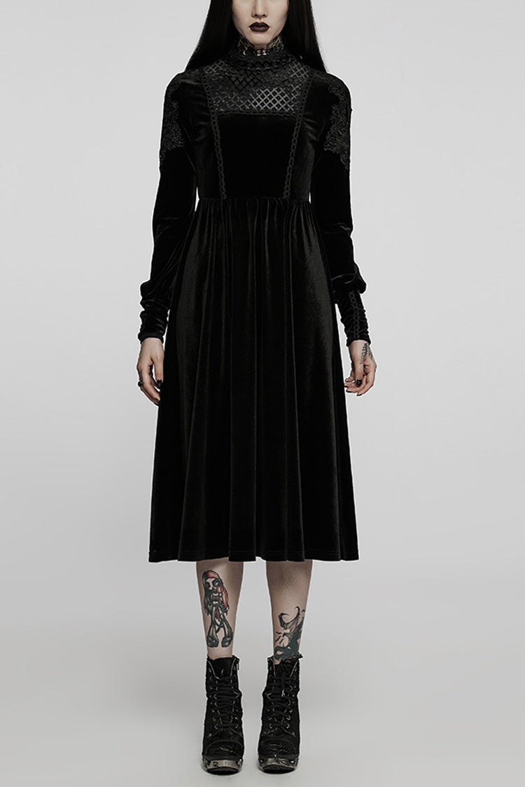 Black Long Sleeves Invisible Zipper High Waisted Hollow Stitching Women's Gothic Dress