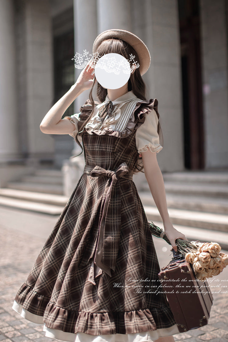 Brown [The Thames at Dusk] Print Short Sleeves Ruffle Bowknot Fake Two Pieces Vintage Lolita Dress