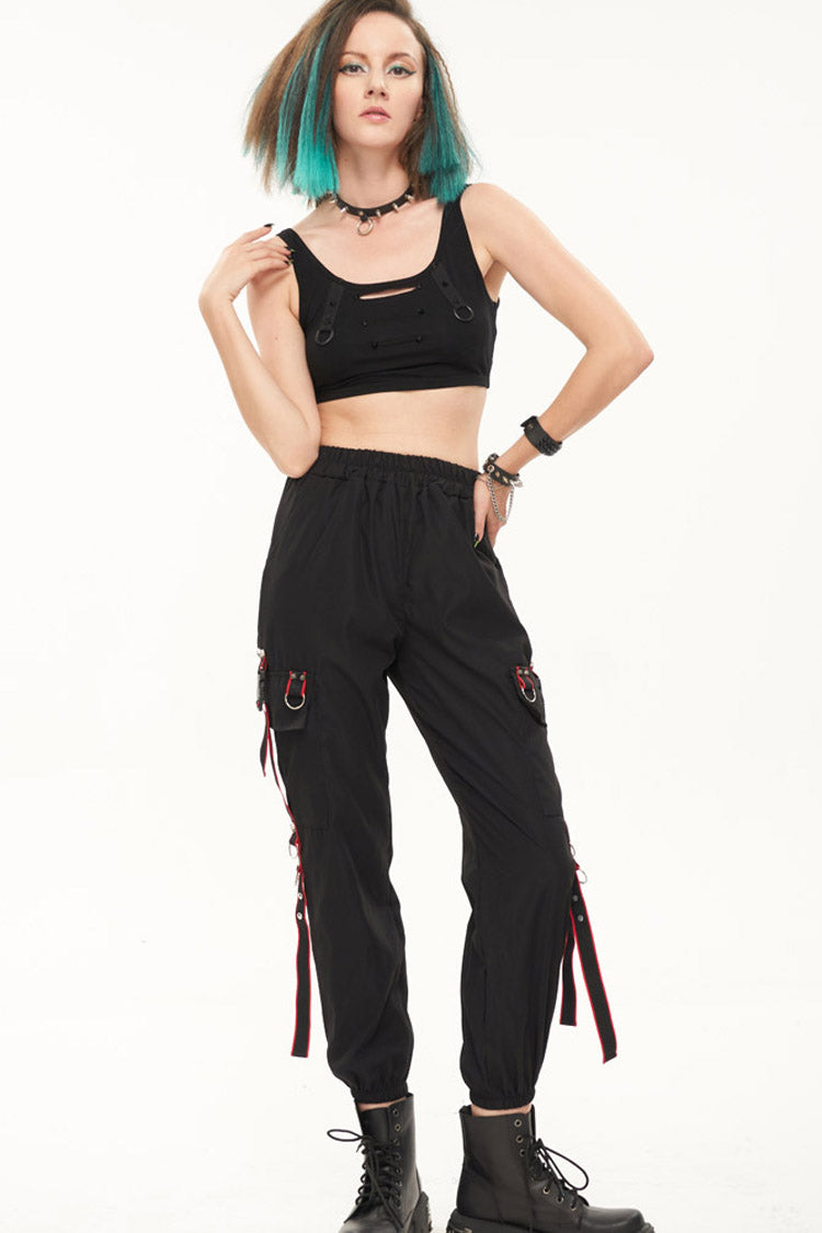 Black Punk Casual Skull Webbing Decoration Women's Long Pants