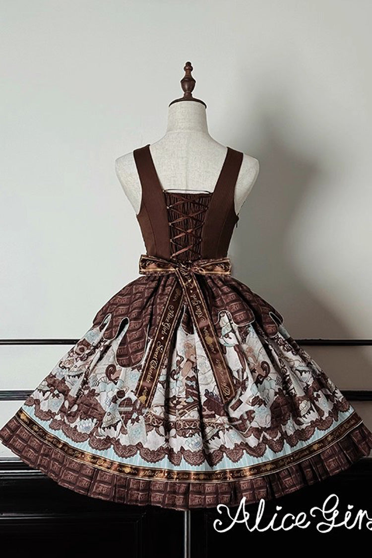 Brown [Teddy Bear Chocolate] Sleeveless Print Ruffle Bowknot Sweet Lolita Jsk Dress