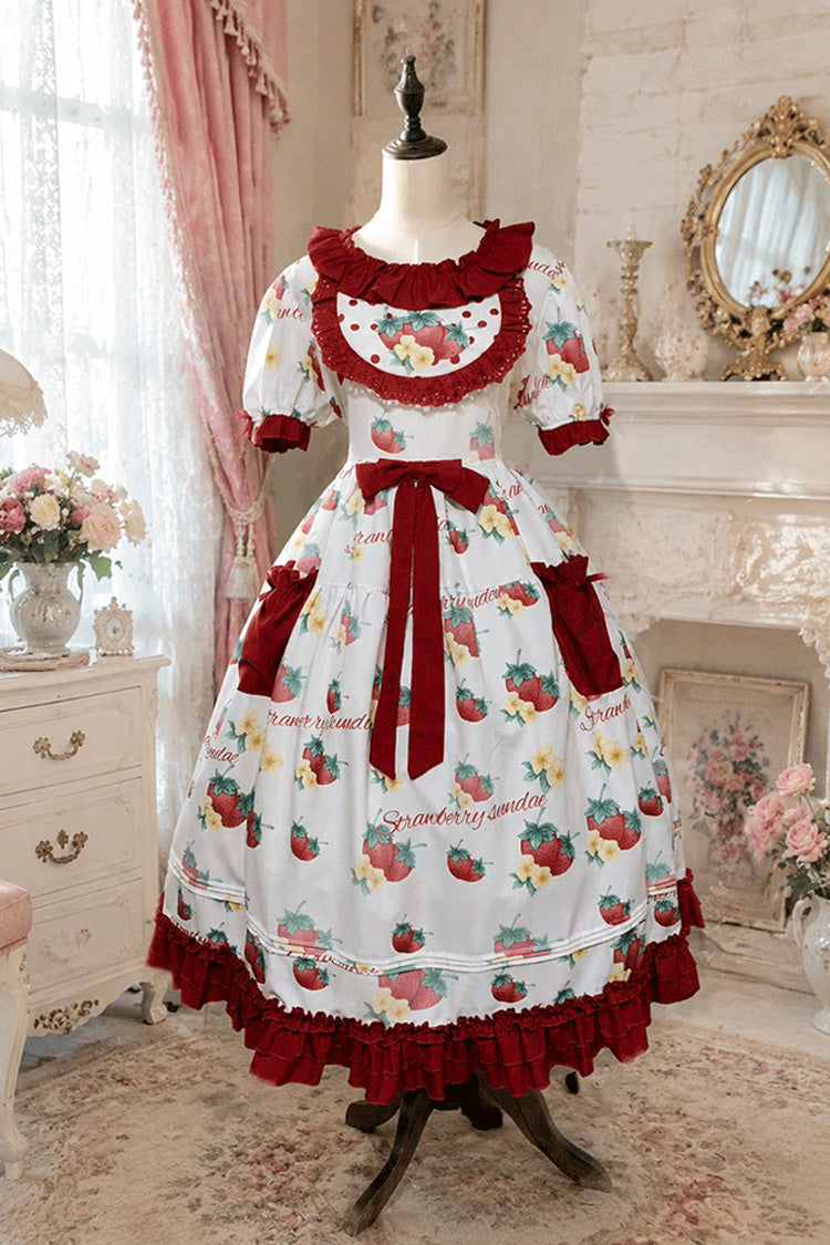 Red/White [Sweet Berry Harvest Letter] Round Collar Short Sleeves Strawberry Printed Ruffled Bow Plus Size Sweet Lolita Dress 2 Versions