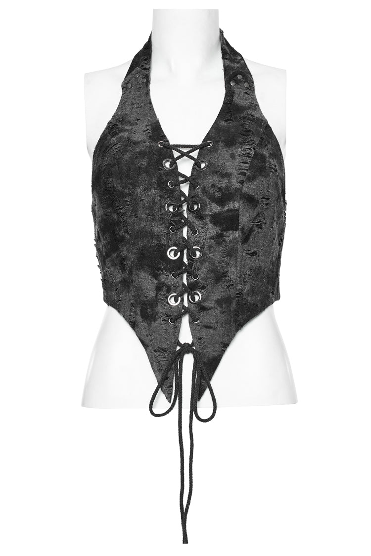Graue ärmellose Steampunk-Weste für Damen mit Schnürung und Neckholder und spitzem Saum