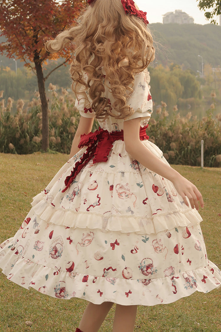 White Apple Tea Print Short Sleeves Country Style Ruffle Bowknot Sweet Lolita Dress