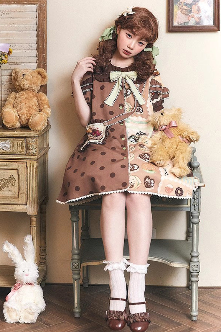 Cake Chocolate Dessert Print Short Sleeves Ruffle Bowknot Sweet Lolita Dress 2 Colors