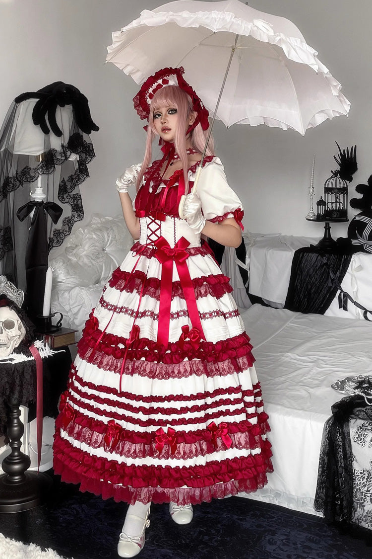 Blanc/Rouge [Velours Rouge Superposé] Manches Courtes Volants Nœud Papillon Dentelle Robe Sweet Lolita 