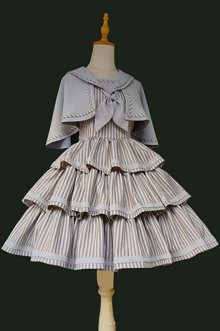 [From Afar] Sleeveless Triple-Layered Stripe Print Bowknot Sweet College Style Lolita Dress 2 Colors