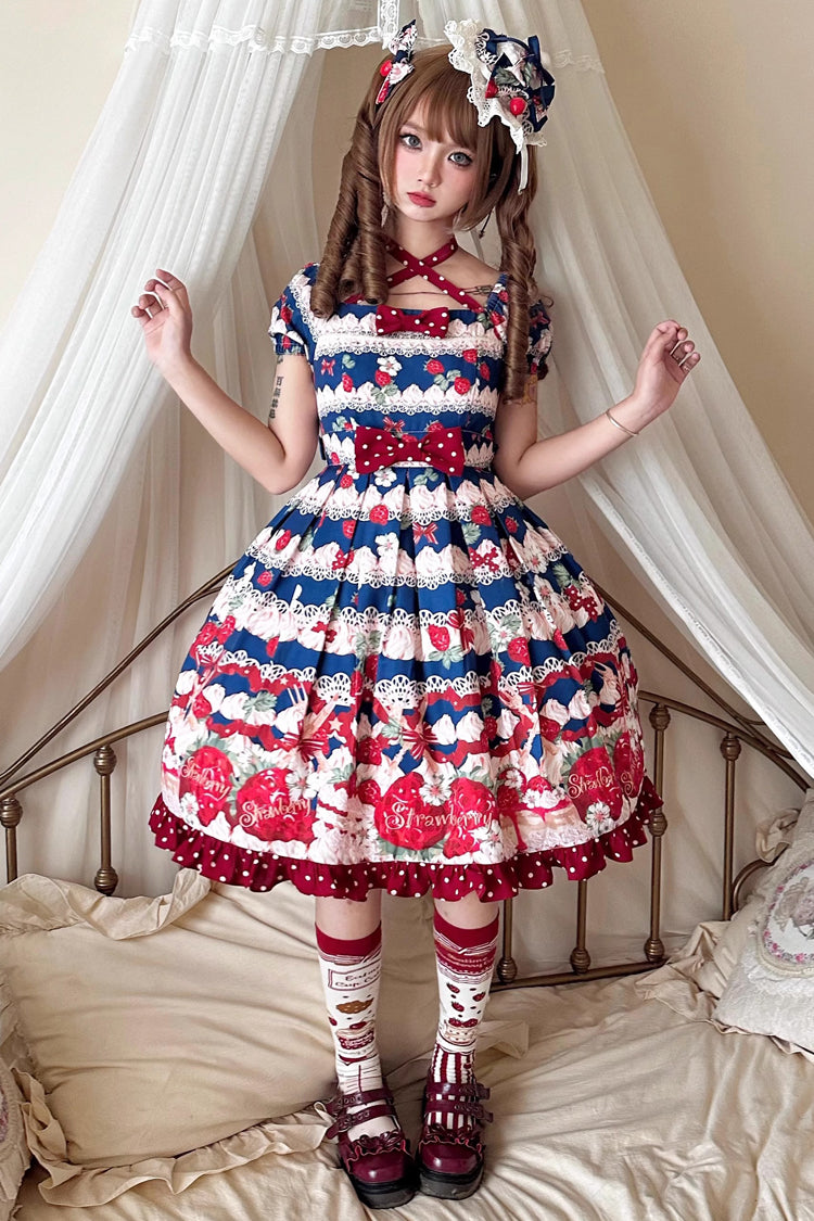 Cream Berry Fairy Red/Blue Short Sleeves Print Ruffle Bowknot Sweet Lolita Dress
