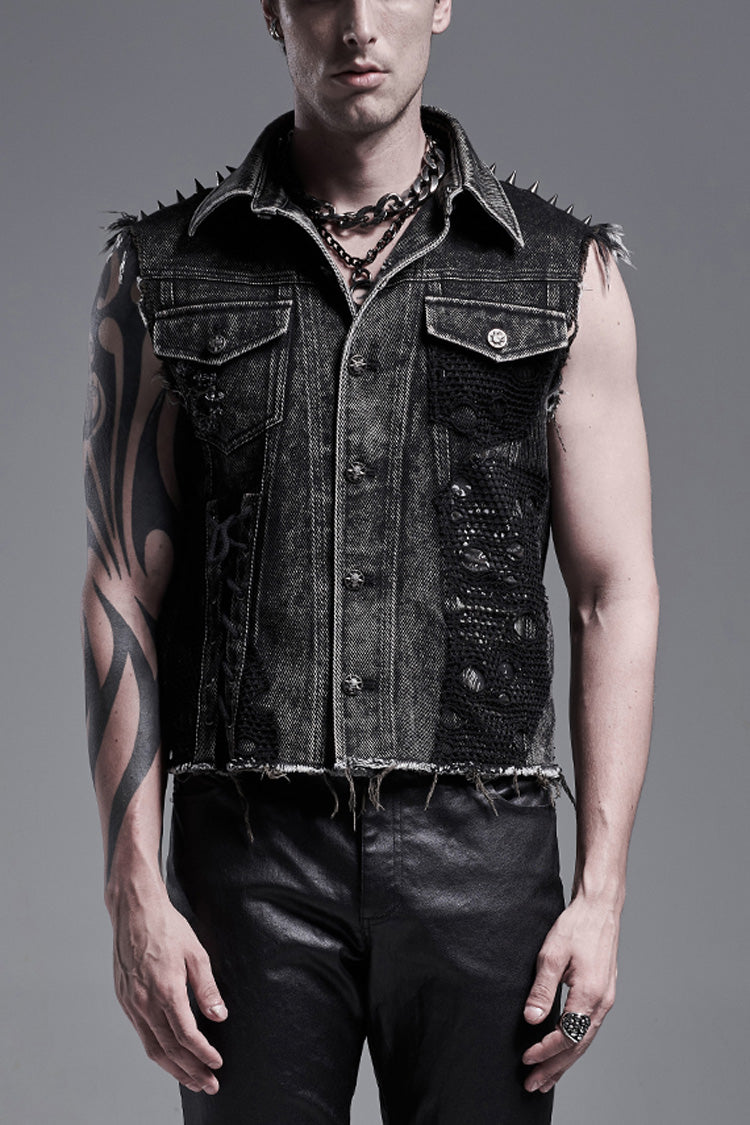 Black Rivets Lapel Collar Sleeveless Mens Steampunk Vintage Denim Vest