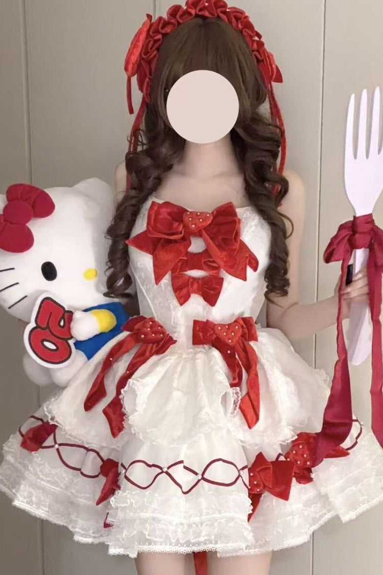 Weiß/Rot [Jasmine Rain] Erdbeer-Quadratkragen, ärmellos, dreilagige Jacquard-Schleife, süßes Lolita-JSK-Kleid