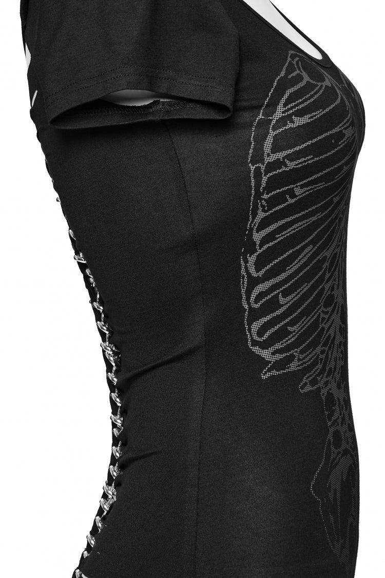 Black Skull Bone Print Hollow Slim Metal Chain Women's Steampunk Vest