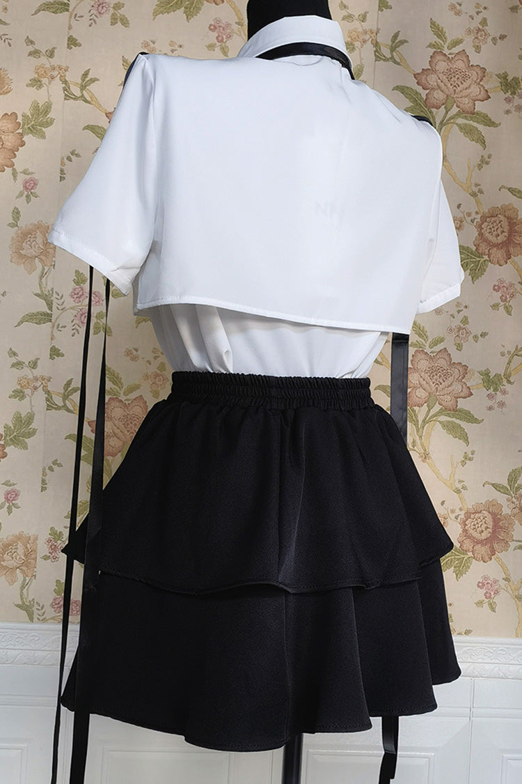 Black/White Short Sleeves Ruffle Asymmetric Gothic Jirai Kei Skirt Blouse Set