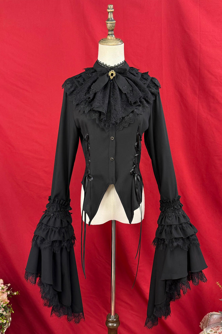 【Broken-Wing Bat】スタンドカラーロングラッパ袖フリルリボンレースアップゴシックエレガントロリータブラウス2色