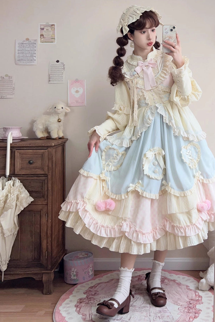 Multi-Color [Mianmian Macaron] Sleeveless Multi-Layered Ruffle Bowknot Lace Sweet Lolita Jsk Dress (Long Version)