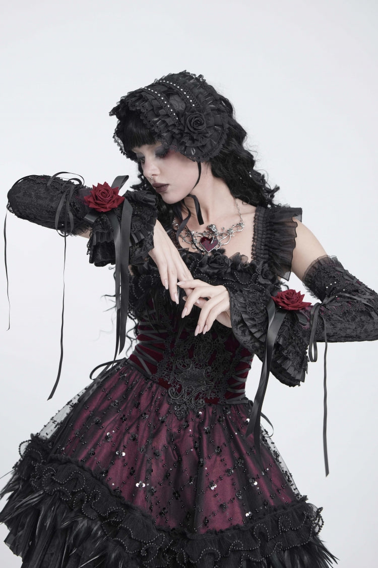 Black/Red Bow Lace Lace-Up Women's Gothic Royal Arm Sleeves