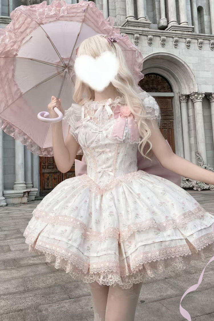 Pink [First Love Rose] Multi-Layered Print Ruffle Bowknot Lace Sweet Lolita Jsk Dress Set
