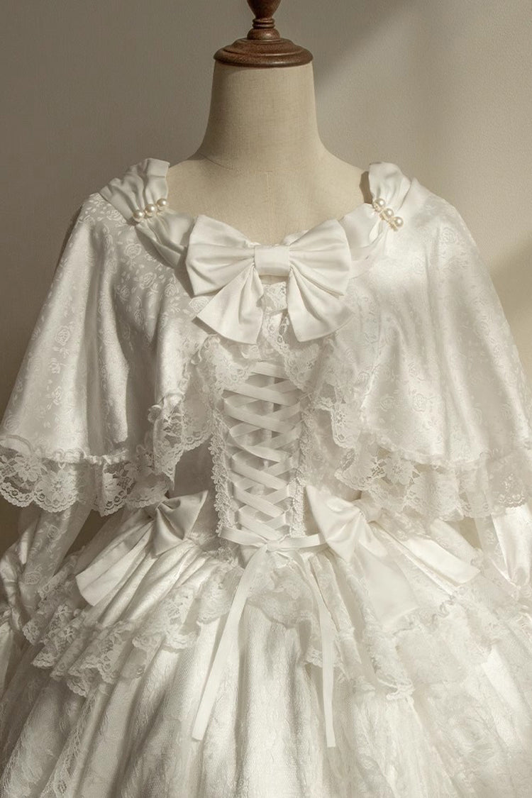 White [Cherish] Long Trumpet Sleeves Ruffle Hanayome Bowknot Lace-Up Sweet Lolita Dress