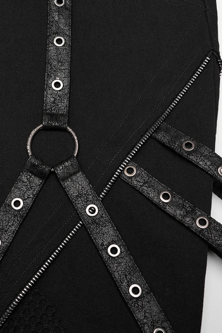 Cracked Leather Stitching Metal Rivet Decoration Mesh Men's Steampunk Pants 2 Colors