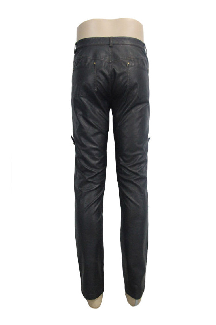 Bronze Multi Loops Zipper Metal Inlay Bandage Hand Rubbed Leather Men's Punk Pants
