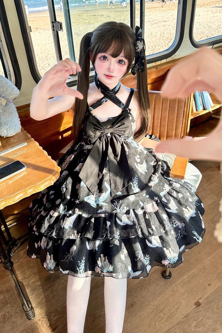 [Ocean Sweetheart] ホルターネック ノースリーブ 3重プリント フリル リボン レース スイートロリータ ストラップドレス 5色