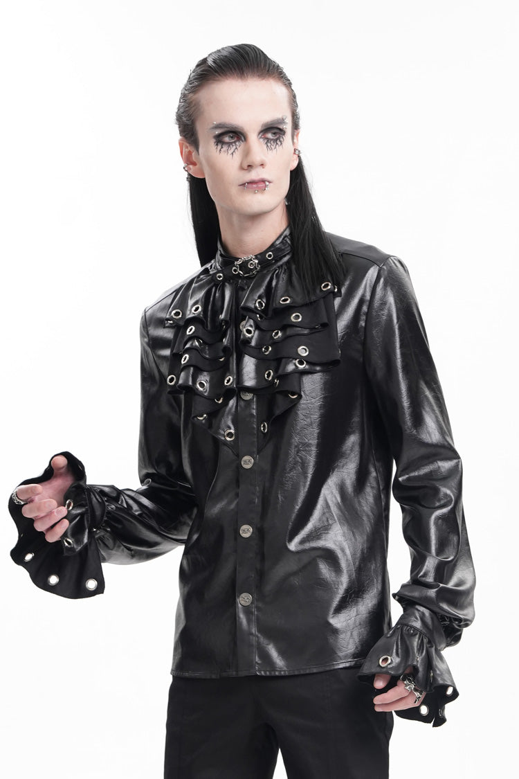 Black Long Sleeves Eyelets Buckle Men's Gothic Blouse