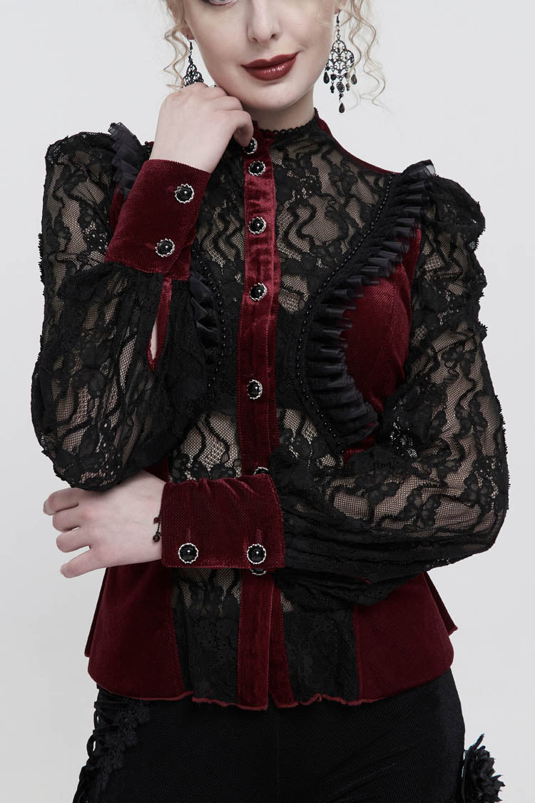 Roter Samt-Hochhals-Spitzen-Fake-BH-Design, das dreidimensionales Schmetterlingsnetz-Gothic-Shirt für Damen spleißt