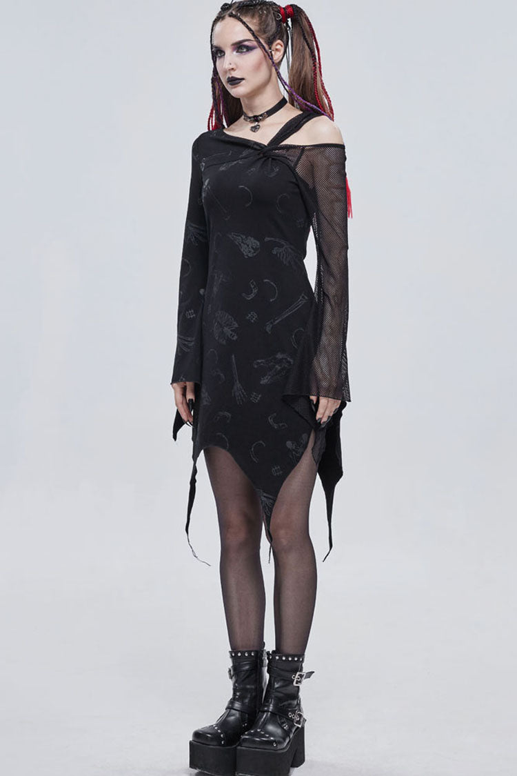 Black Gothic Off-The-Shoulder Graphic-Print Asymmetric Design Splicing Mesh Women's Dress