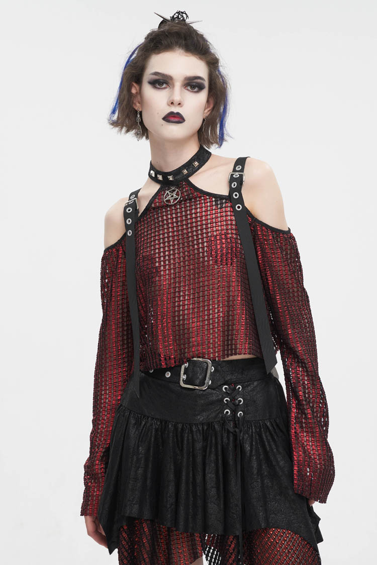 Rotes, schulterfreies, transparentes Crop-Top mit Schnalle für Damen im Gothic-Stil