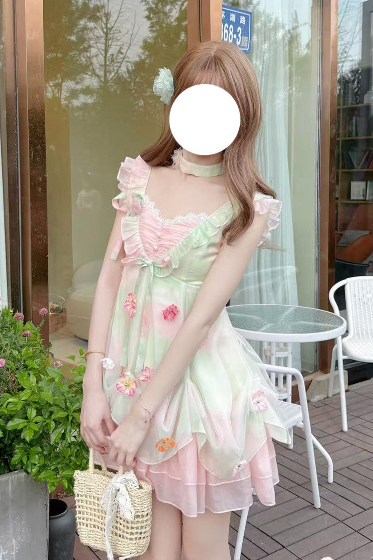 Pink/Green [Dream of Flowers] Sleeveless Print Ruffle Lace Sweet Princess Lolita Jsk Dress