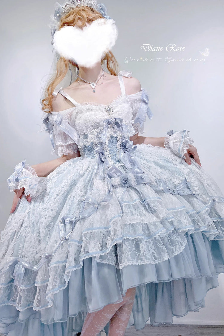 Blue [Diane Rose] Short Sleeves Multi-Layered Jacquard Ruffle Hanayome Cardigan Bowknot Lace Sweet Lolita Dress